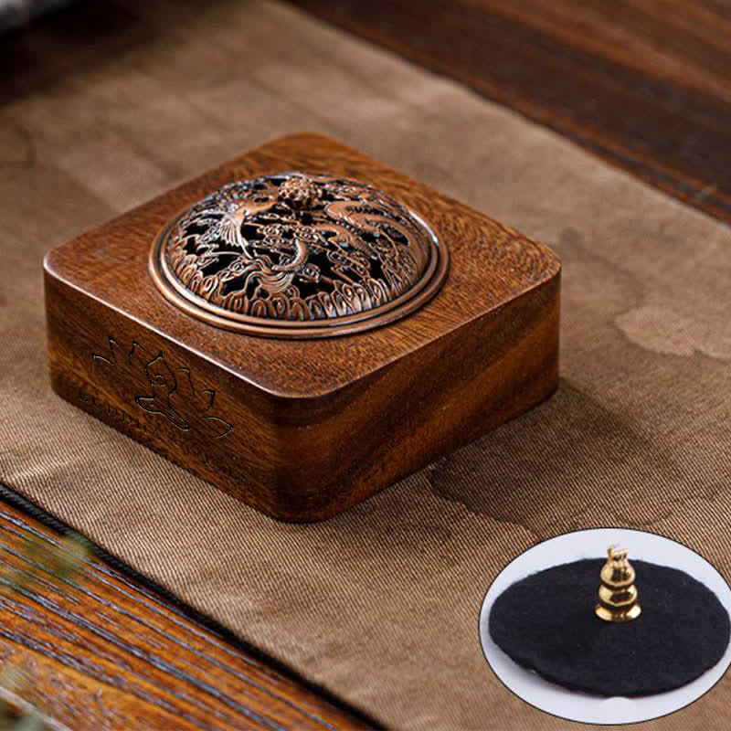 Buddha Stones Peach Wood Dragon Phoenix Protection Square Incense Burners - Dragon Phoenix - image 3