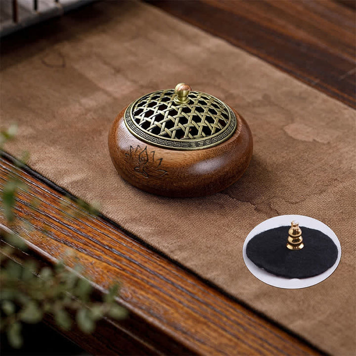 Buddha Stones Peach Wood Dragon Phoenix Strength Round Incense Burner - Green Woven Design - image 3