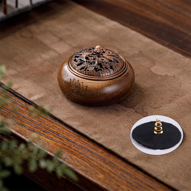 Buddha Stones Peach Wood Dragon Phoenix Strength Round Incense Burner - Dragon Phoenix - image 0