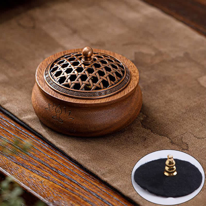 Buddha Stones Peach Wood Dragon Phoenix Luck Round Bag Incense Burner - Jar-shaped - Woven Design - image 0