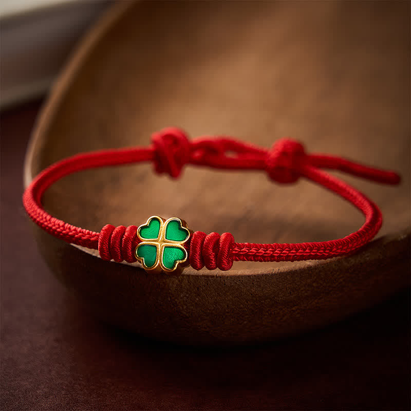 Buddha Stones Hand-Woven Red Rope Heart-Shaped Green Four Leaf Clover Luck Bracelet - Red(Wrist Circumference: 5.9–6.7 in / 15–17 cm) - image 0
