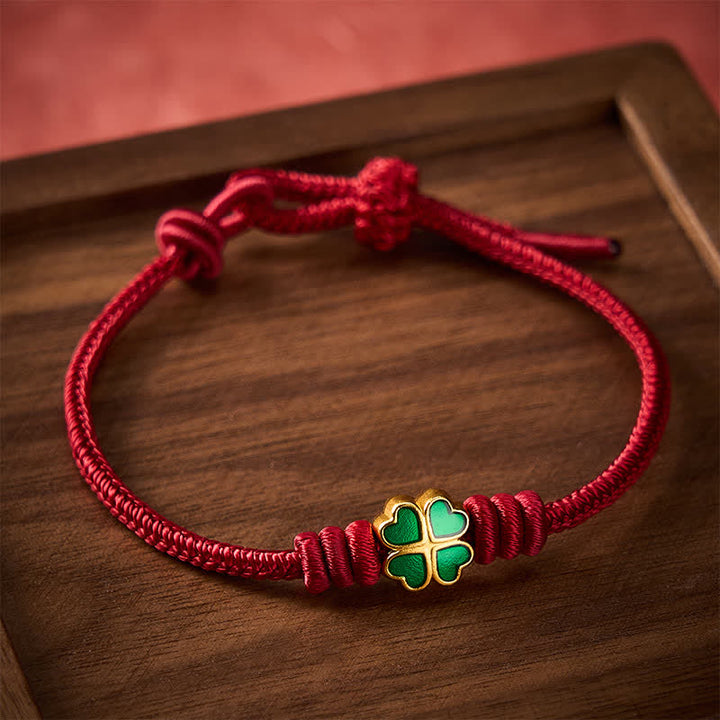 Buddha Stones Hand-Woven Red Rope Heart-Shaped Green Four Leaf Clover Luck Bracelet - Dark Red(Wrist Circumference: 5.9–6.7 in / 15–17 cm) - image 9