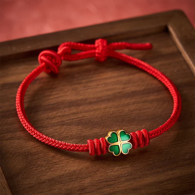 Buddha Stones Hand-Woven Red Rope Heart-Shaped Green Four Leaf Clover Luck Bracelet - image 1