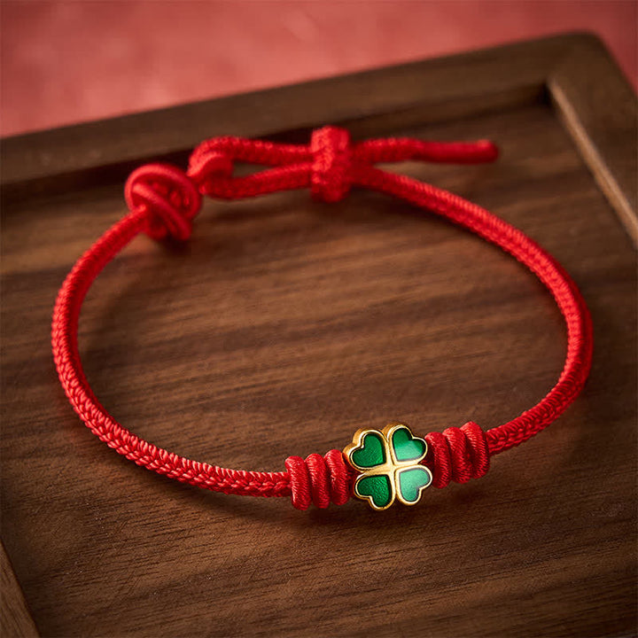 Buddha Stones Hand-Woven Red Rope Heart-Shaped Green Four Leaf Clover Luck Bracelet - image 1