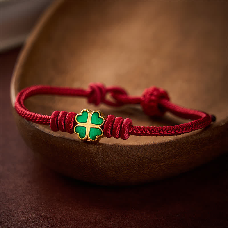 Buddha Stones Hand-Woven Red Rope Heart-Shaped Green Four Leaf Clover Luck Bracelet - image 12
