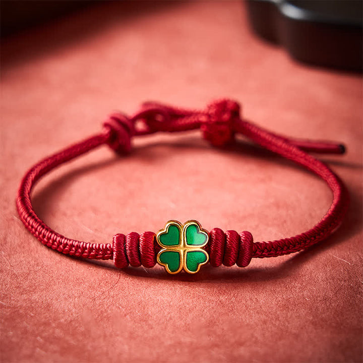 Buddha Stones Hand-Woven Red Rope Heart-Shaped Green Four Leaf Clover Luck Bracelet - image 11