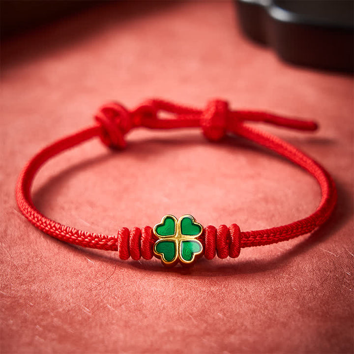 Buddha Stones Hand-Woven Red Rope Heart-Shaped Green Four Leaf Clover Luck Bracelet - image 3