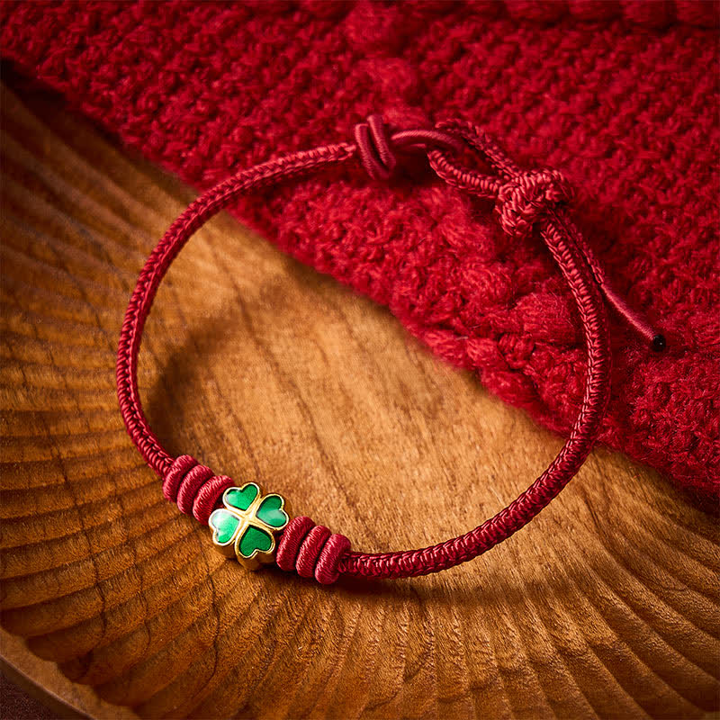 Buddha Stones Hand-Woven Red Rope Heart-Shaped Green Four Leaf Clover Luck Bracelet - image 10