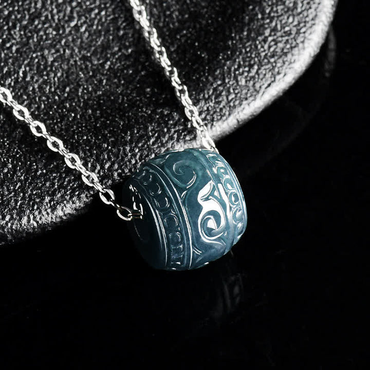 Buddha Stones Jade Engraved Harmony Barrel Pendant Titanium Steel Chain Necklace - image 1