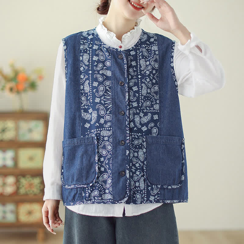 Buddha Stones Spring Fall Vintage Boho Button-Up Floral Tank Top Women's Vest With Pocket - image 2