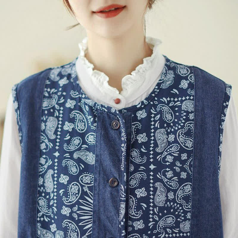 Buddha Stones Spring Fall Vintage Boho Button-Up Floral Tank Top Women's Vest With Pocket - image 5
