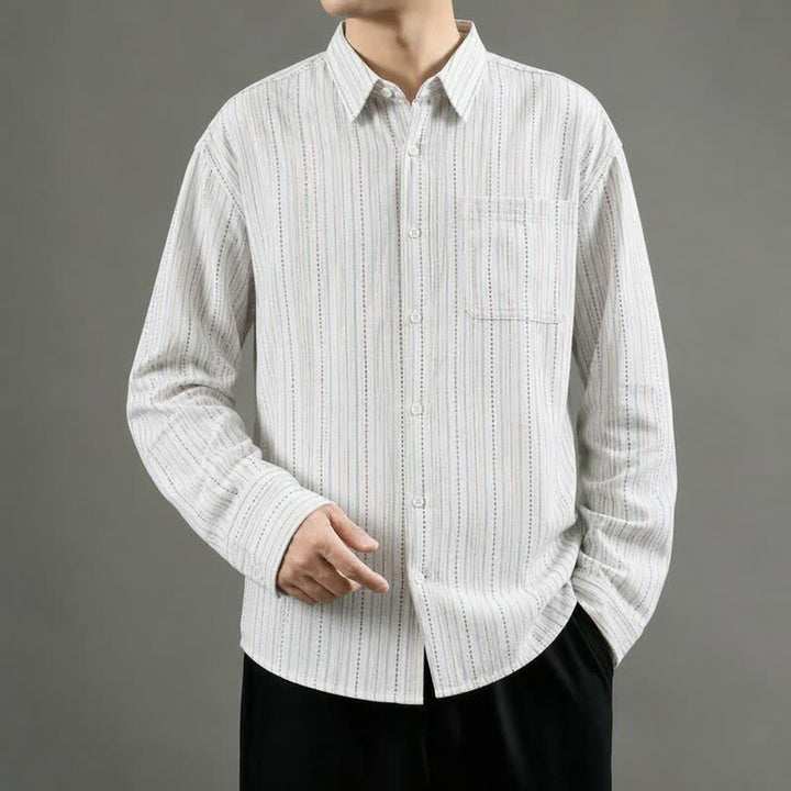 Buddha Stones Fall Casual Vintage Button-Up Striped Cotton Men's Long Sleeve Shirts With Patch Pocket - image 13