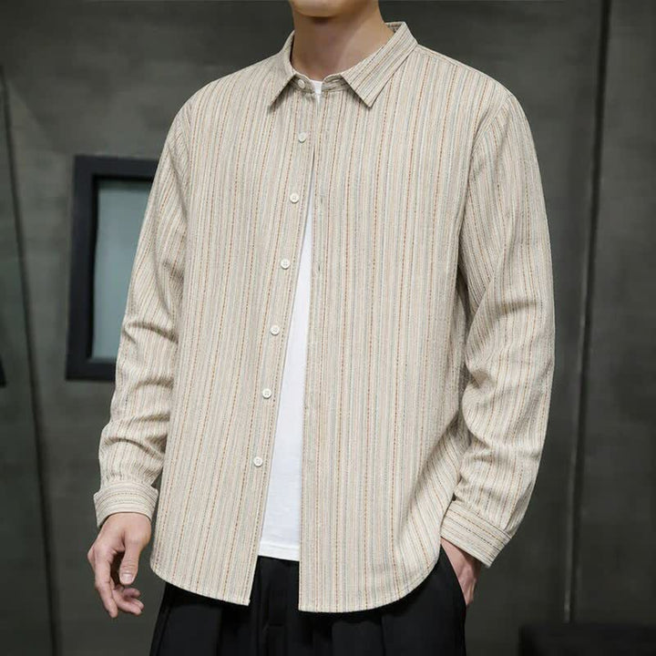 Buddha Stones Fall Casual Vintage Button-Up Striped Cotton Men's Long Sleeve Shirts With Patch Pocket - Beige - US/UK/AU42, EU52 (3XL) - image 8