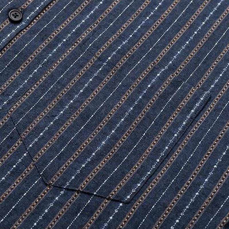 Buddha Stones Fall Casual Vintage Button-Up Striped Cotton Men's Long Sleeve Shirts With Patch Pocket - image 5