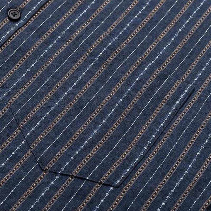 Buddha Stones Fall Casual Vintage Button-Up Striped Cotton Men's Long Sleeve Shirts With Patch Pocket - image 5