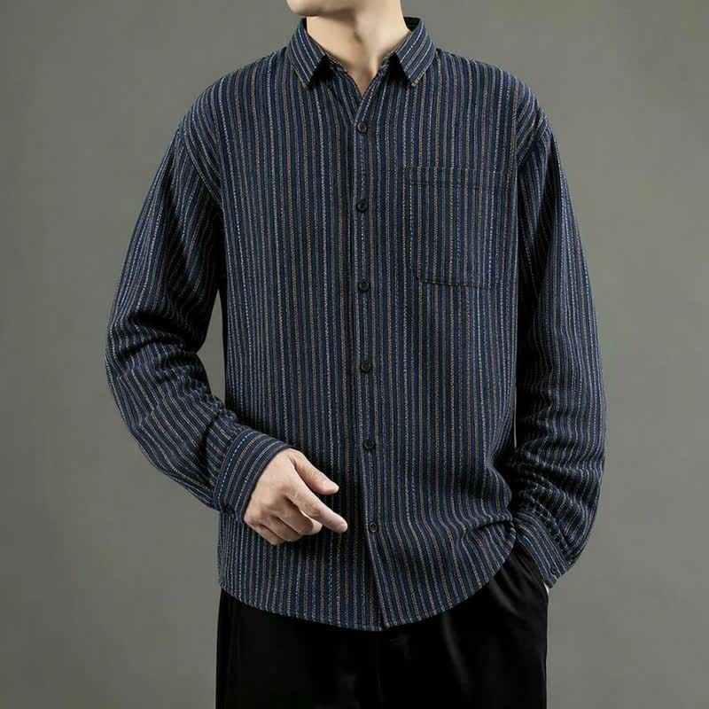 Buddha Stones Fall Casual Vintage Button-Up Striped Cotton Men's Long Sleeve Shirts With Patch Pocket - image 1