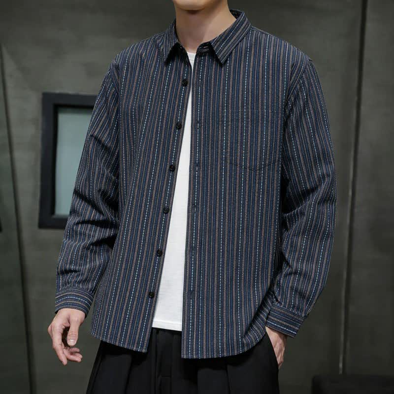 Buddha Stones Fall Casual Vintage Button-Up Striped Cotton Men's Long Sleeve Shirts With Patch Pocket - MidnightBlue - US/UK/AU42, EU52 (3XL) - image 0