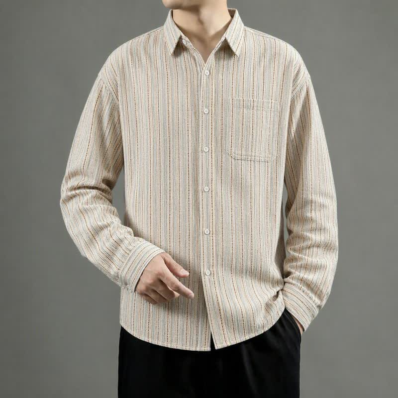 Buddha Stones Fall Casual Vintage Button-Up Striped Cotton Men's Long Sleeve Shirts With Patch Pocket - image 9