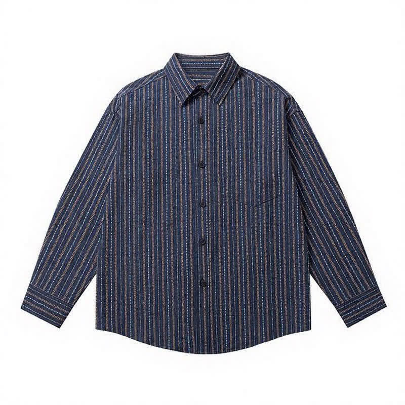 Buddha Stones Fall Casual Vintage Button-Up Striped Cotton Men's Long Sleeve Shirts With Patch Pocket - image 2