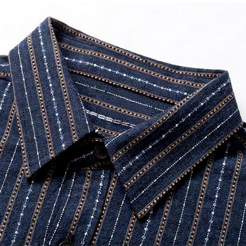 Buddha Stones Fall Casual Vintage Button-Up Striped Cotton Men's Long Sleeve Shirts With Patch Pocket - image 4