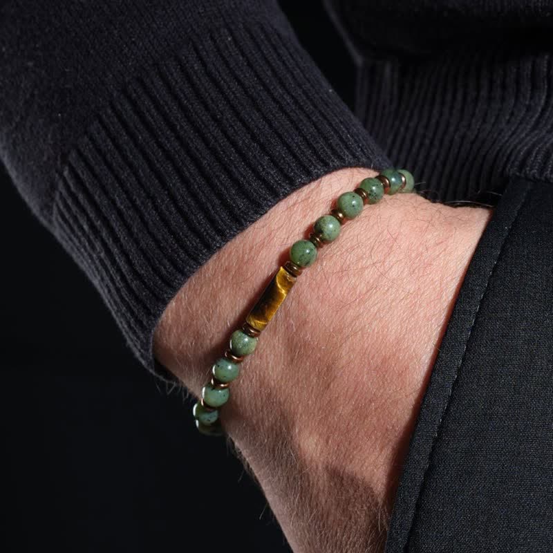 Buddha Stones Green Moss Agate Round Bead Tiger Eye Accent Bracelet - image 2