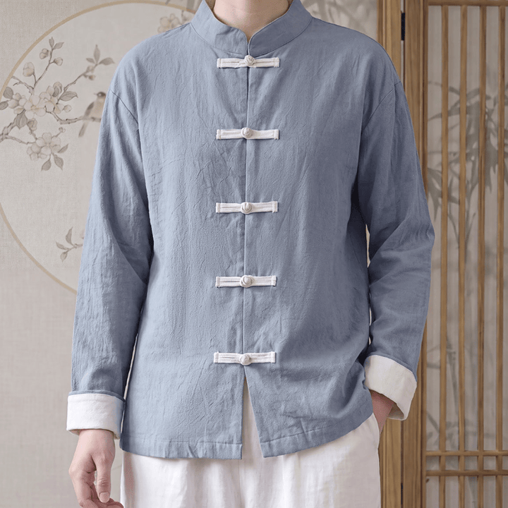Buddha Stones Spring Fall Tang Style Minimalist Mandarin Collar Frog Button Solid Cotton Women's Long Sleeve Shirts - image 3