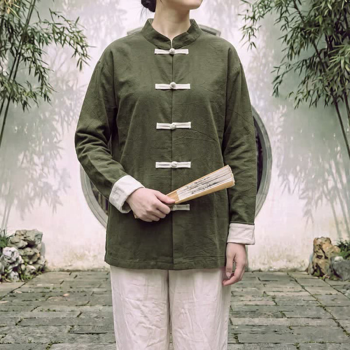 Buddha Stones Spring Fall Tang Style Minimalist Mandarin Collar Frog Button Solid Cotton Women's Long Sleeve Shirts - image 11