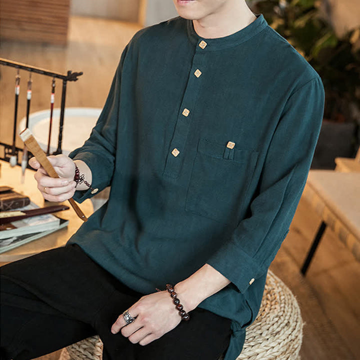 Buddha Stones Spring Summer Casual Tang Style Mandarin Collar Patch Pocket Solid Men's Long Sleeve Shirts With Pocket - image 5