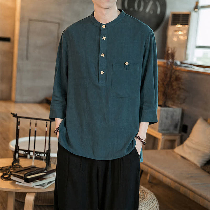Buddha Stones Spring Summer Casual Tang Style Mandarin Collar Patch Pocket Solid Men's Long Sleeve Shirts With Pocket - image 3