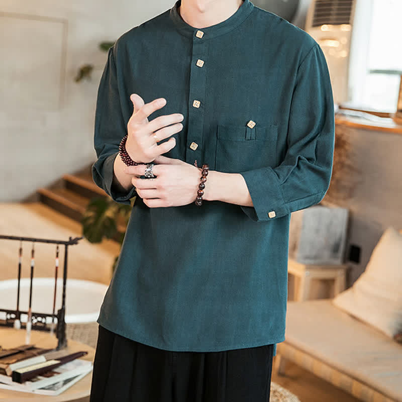Buddha Stones Spring Summer Casual Tang Style Mandarin Collar Patch Pocket Solid Men's Long Sleeve Shirts With Pocket - image 4