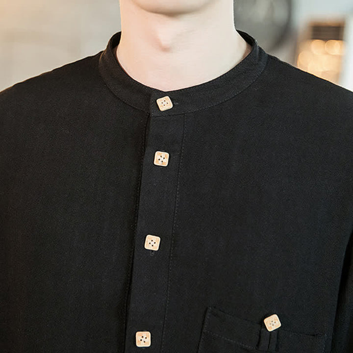 Buddha Stones Spring Summer Casual Tang Style Mandarin Collar Patch Pocket Solid Men's Long Sleeve Shirts With Pocket - image 13