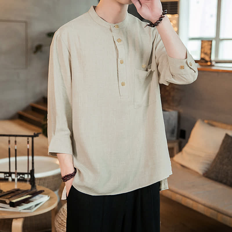 Buddha Stones Spring Summer Casual Tang Style Mandarin Collar Patch Pocket Solid Men's Long Sleeve Shirts With Pocket - image 20