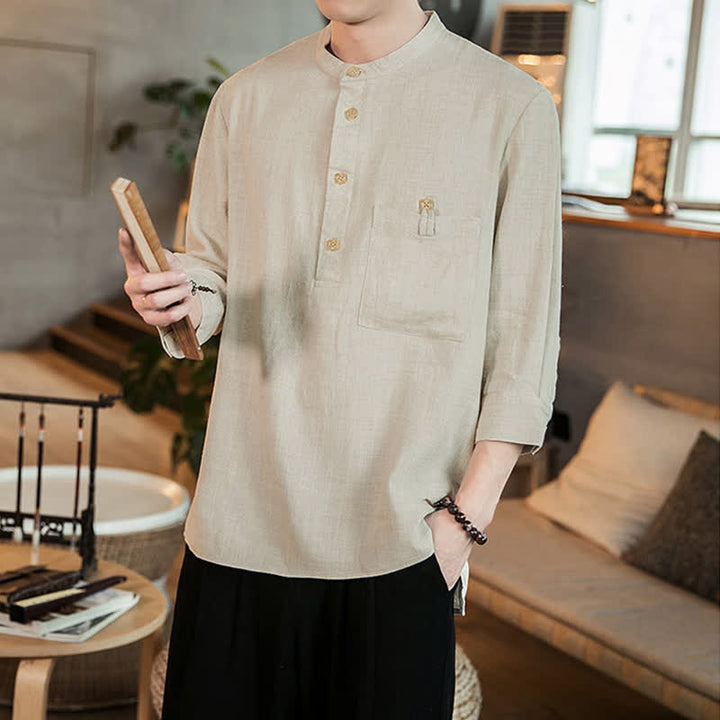Buddha Stones Spring Summer Casual Tang Style Mandarin Collar Patch Pocket Solid Men's Long Sleeve Shirts With Pocket - image 22
