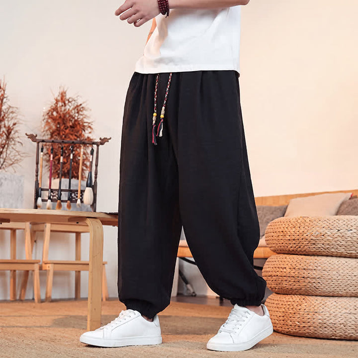 Buddha Stones Spring Summer Casual Drawstring Solid Cropped Pants Men's Straight Leg Pants With Pocket - Black - US/UK/AU46, EU56 (5XL) - image 9