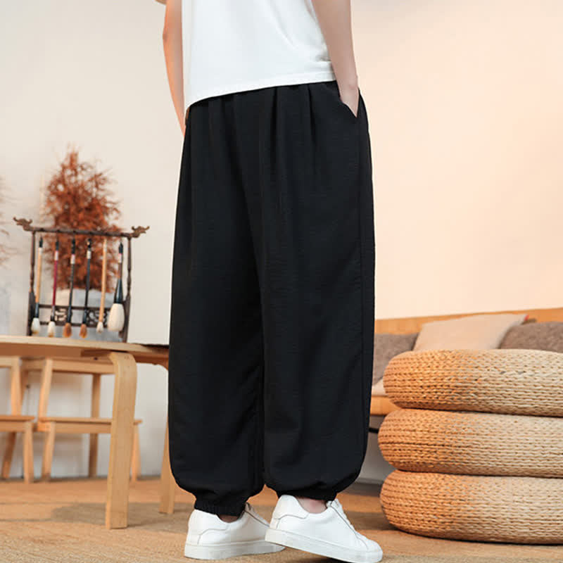 Buddha Stones Spring Summer Casual Drawstring Solid Cropped Pants Men's Straight Leg Pants With Pocket - image 11