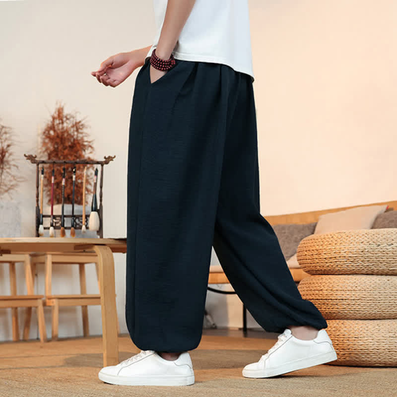 Buddha Stones Spring Summer Casual Drawstring Solid Cropped Pants Men's Straight Leg Pants With Pocket - image 31