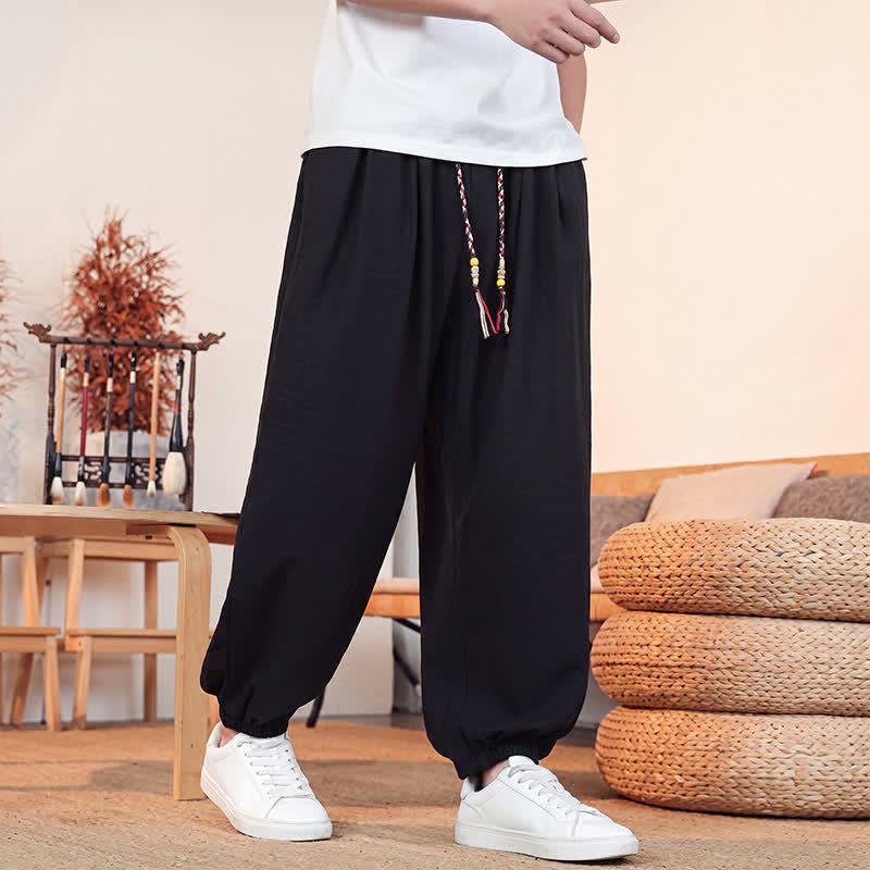 Buddha Stones Spring Summer Casual Drawstring Solid Cropped Pants Men's Straight Leg Pants With Pocket - image 15