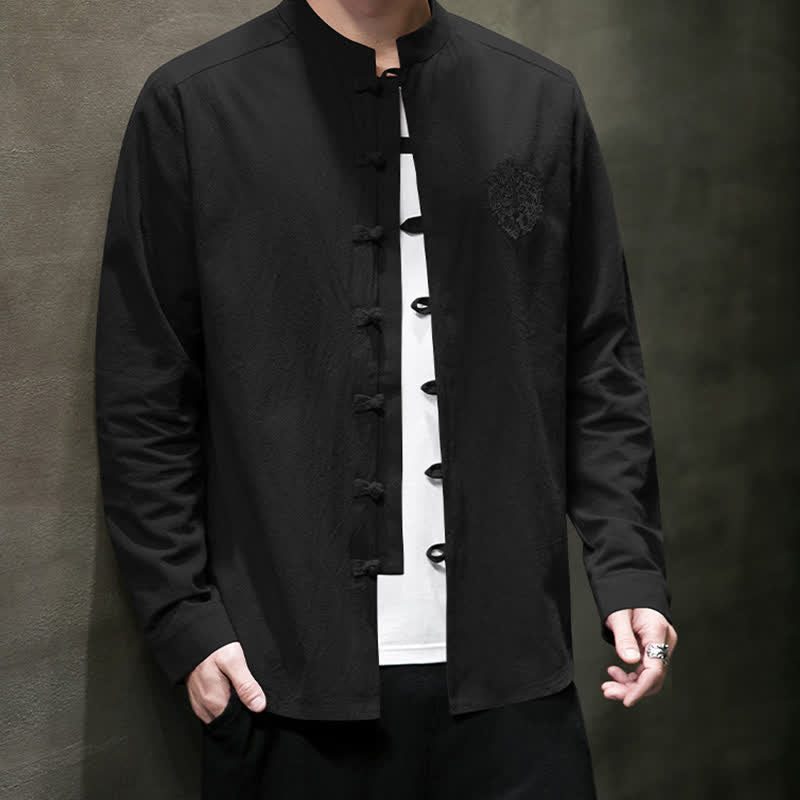 Buddha Stones Spring Fall Tang Style Casual Frog Button Embroidery Solid Men's Long Sleeve Shirts - image 13