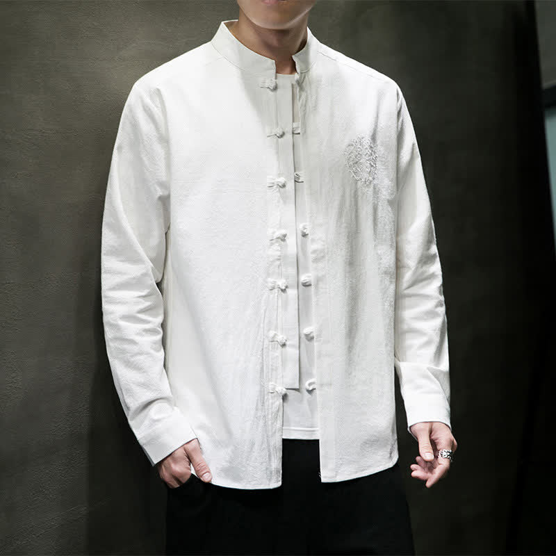 Buddha Stones Spring Fall Tang Style Casual Frog Button Embroidery Solid Men's Long Sleeve Shirts - image 8