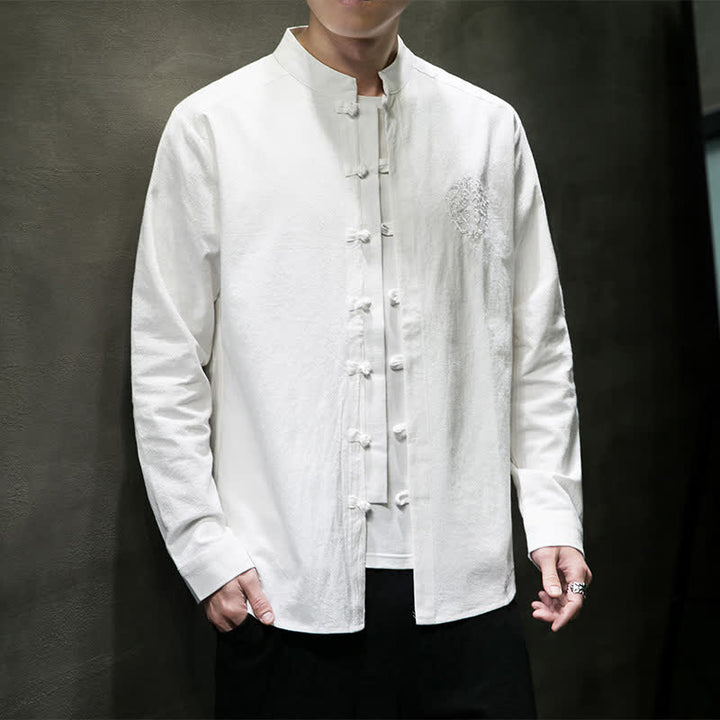 Buddha Stones Spring Fall Tang Style Casual Frog Button Embroidery Solid Men's Long Sleeve Shirts - image 8