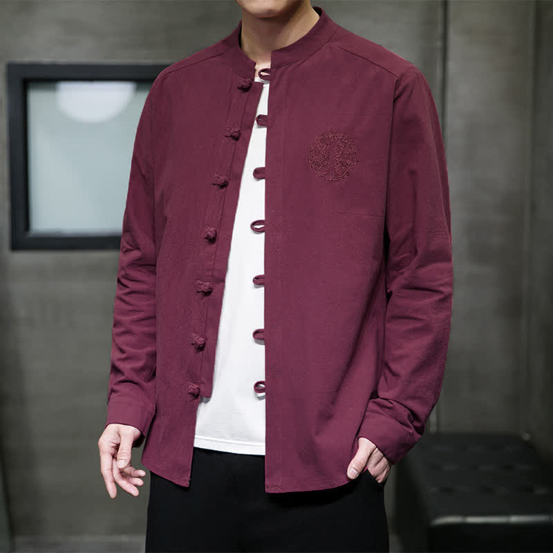 Buddha Stones Spring Fall Tang Style Casual Frog Button Embroidery Solid Men's Long Sleeve Shirts - MediumVioletRed - US/UK/AU46, EU56 (5XL) - image 0