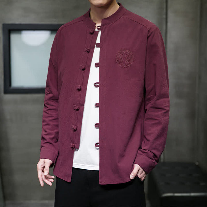 Buddha Stones Spring Fall Tang Style Casual Frog Button Embroidery Solid Men's Long Sleeve Shirts - MediumVioletRed - US/UK/AU46, EU56 (5XL) - image 0