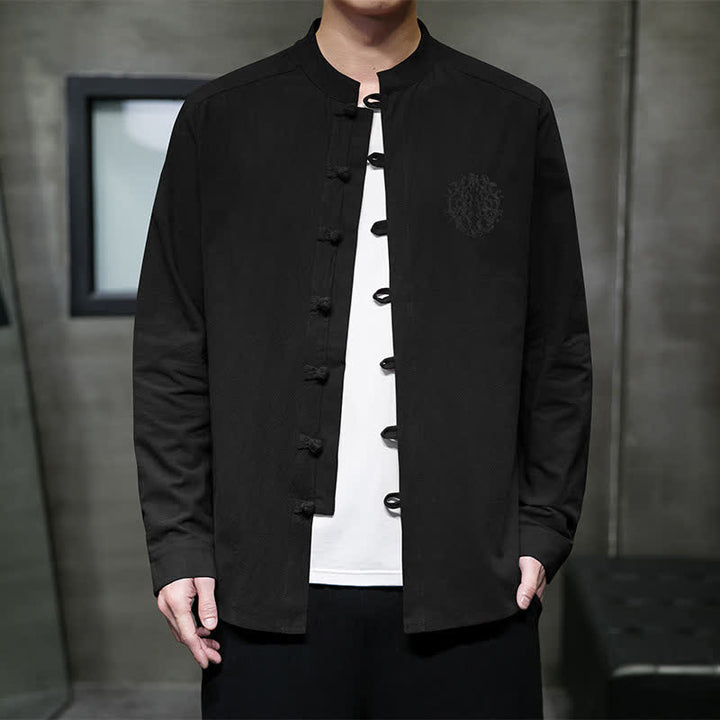 Buddha Stones Spring Fall Tang Style Casual Frog Button Embroidery Solid Men's Long Sleeve Shirts - Black - US/UK/AU46, EU56 (5XL) - image 10