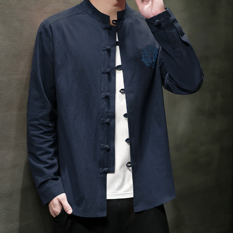 Buddha Stones Spring Fall Tang Style Casual Frog Button Embroidery Solid Men's Long Sleeve Shirts - image 19