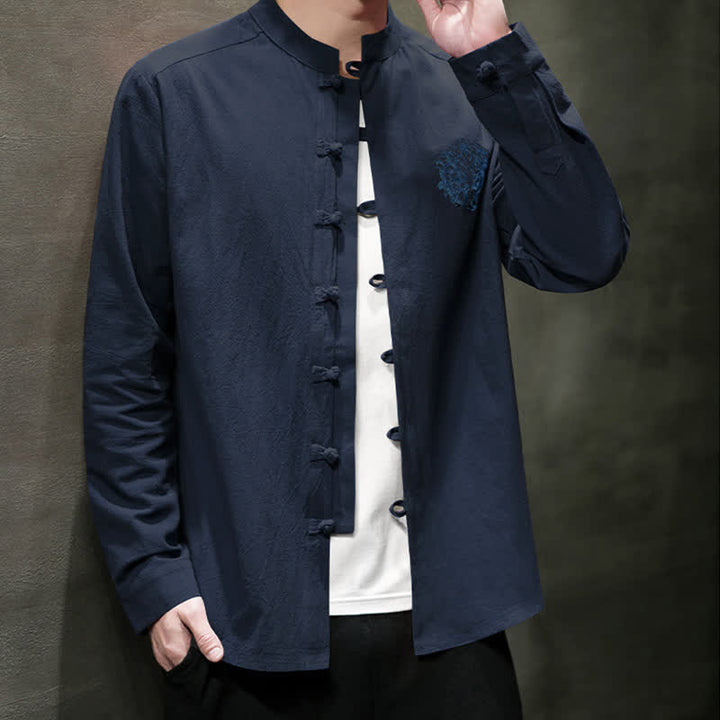 Buddha Stones Spring Fall Tang Style Casual Frog Button Embroidery Solid Men's Long Sleeve Shirts - image 19