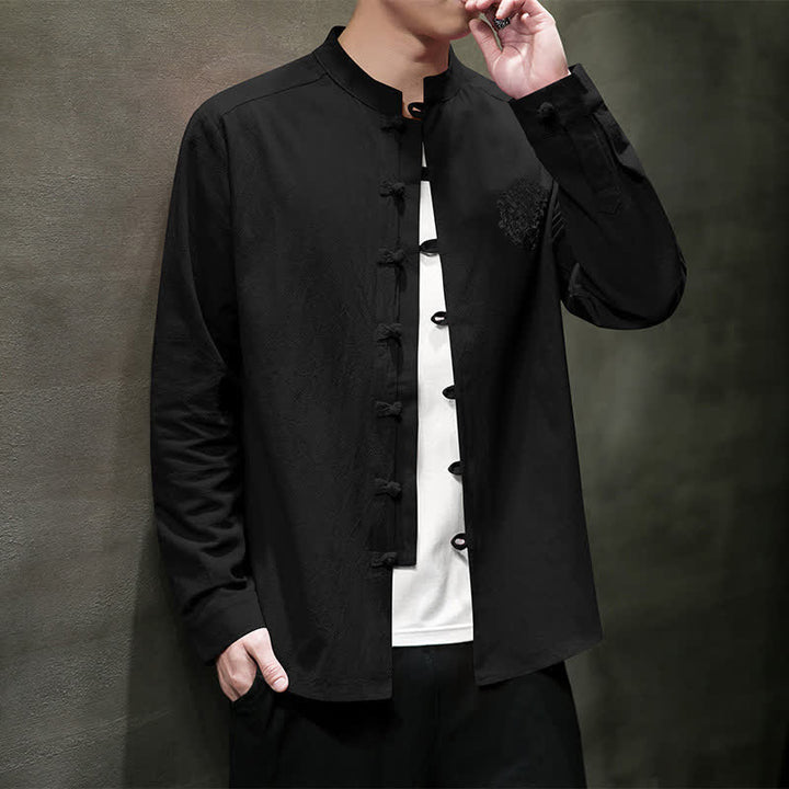 Buddha Stones Spring Fall Tang Style Casual Frog Button Embroidery Solid Men's Long Sleeve Shirts - image 14