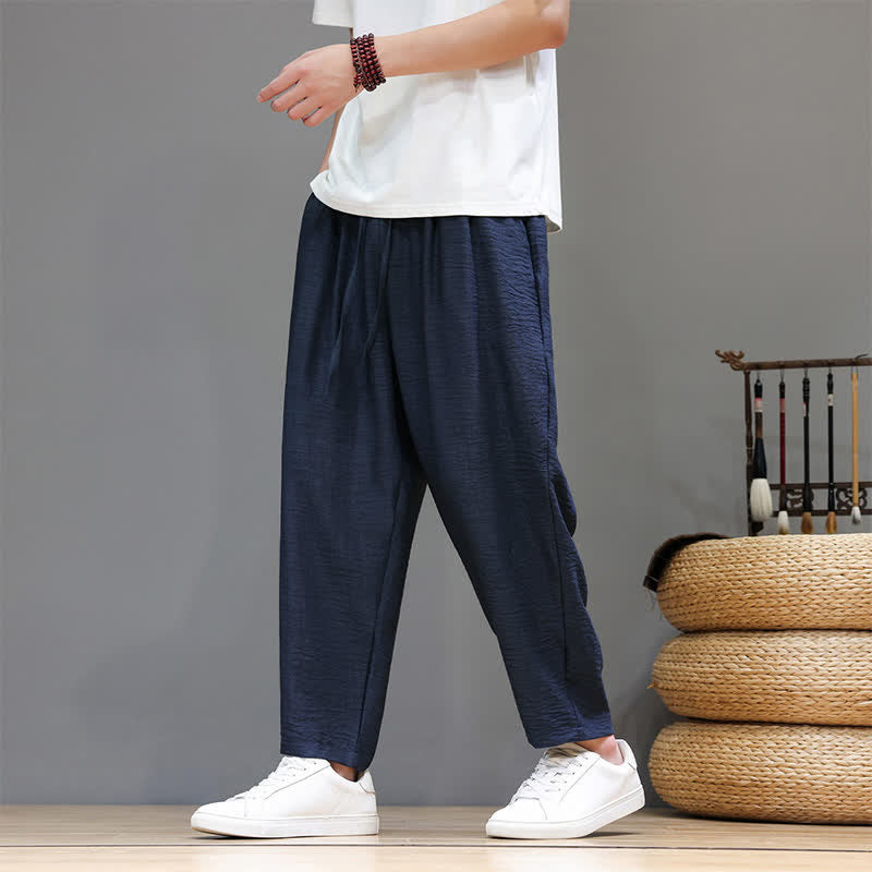 Buddha Stones Spring Summer Casual Minimalist Drawstring Solid Cropped Pants Men's Harem Pants With Pocket - image 33