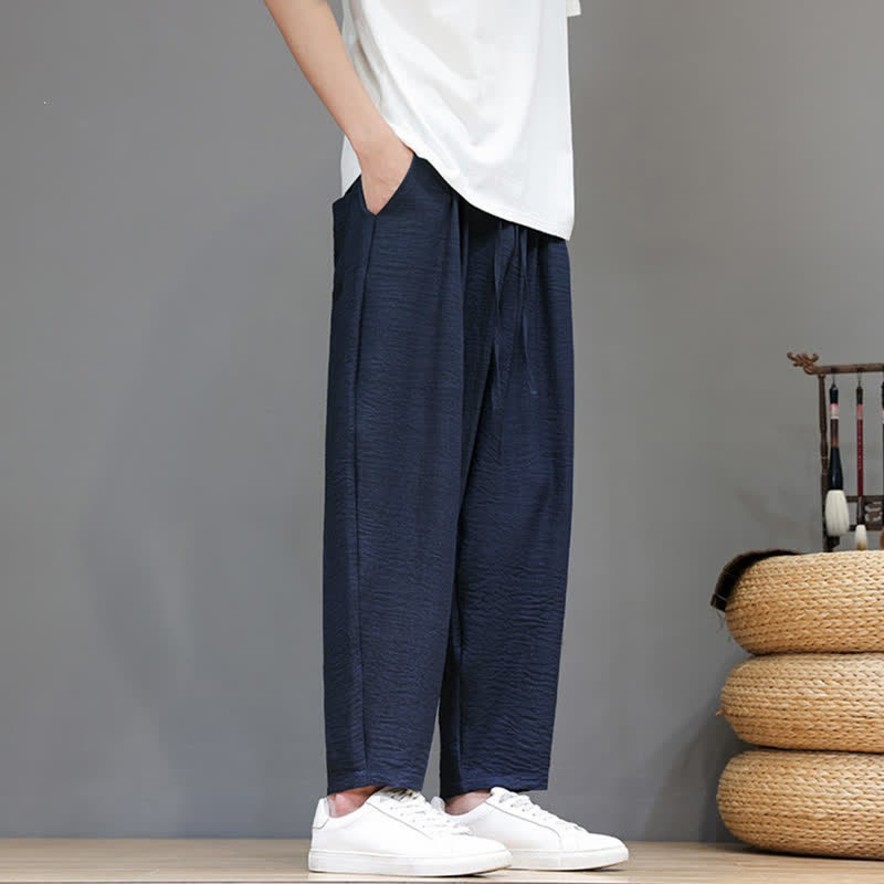Buddha Stones Spring Summer Casual Minimalist Drawstring Solid Cropped Pants Men's Harem Pants With Pocket - image 34