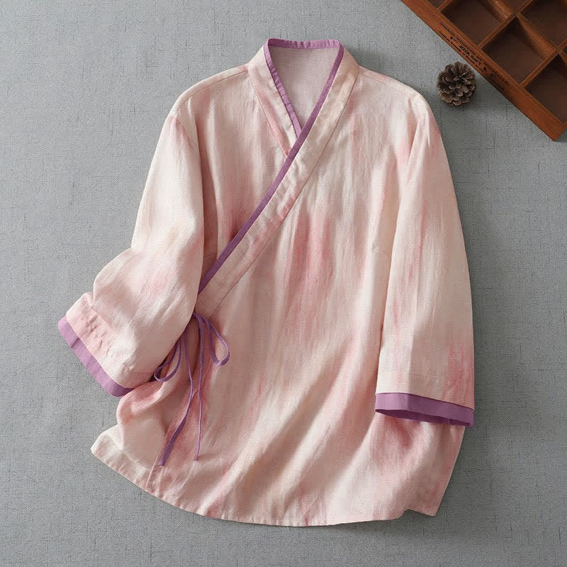 Buddha Stones Spring Fall Retro Tang Style Drawstring Light Pink Tie-dye Women's Three-Quarter Sleeve Shirts - MistyRose - US8-10, UK/AU12-14, EU40-42 (2XL) - image 0