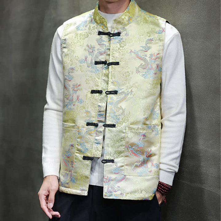 Buddha Stones Fall Winter Tang Style Mandarin Collar Dragon Phoenix Tank Top Men's Vest With Pockets - LightGoldenrodYellow - US/UK/AU46, EU56 (5XL) - image 0